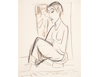 In unserer Galerie zum Verkauf angebotenes Bild von Ernst-Ludwig Kirchner (Maler, Expressionismus): Erna vor geschnitztem Stuhl (klein)