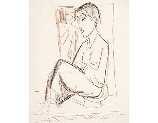 In unserer Galerie zum Verkauf angebotenes Bild von Ernst-Ludwig Kirchner (Maler, Expressionismus): Erna vor geschnitztem Stuhl (groß)