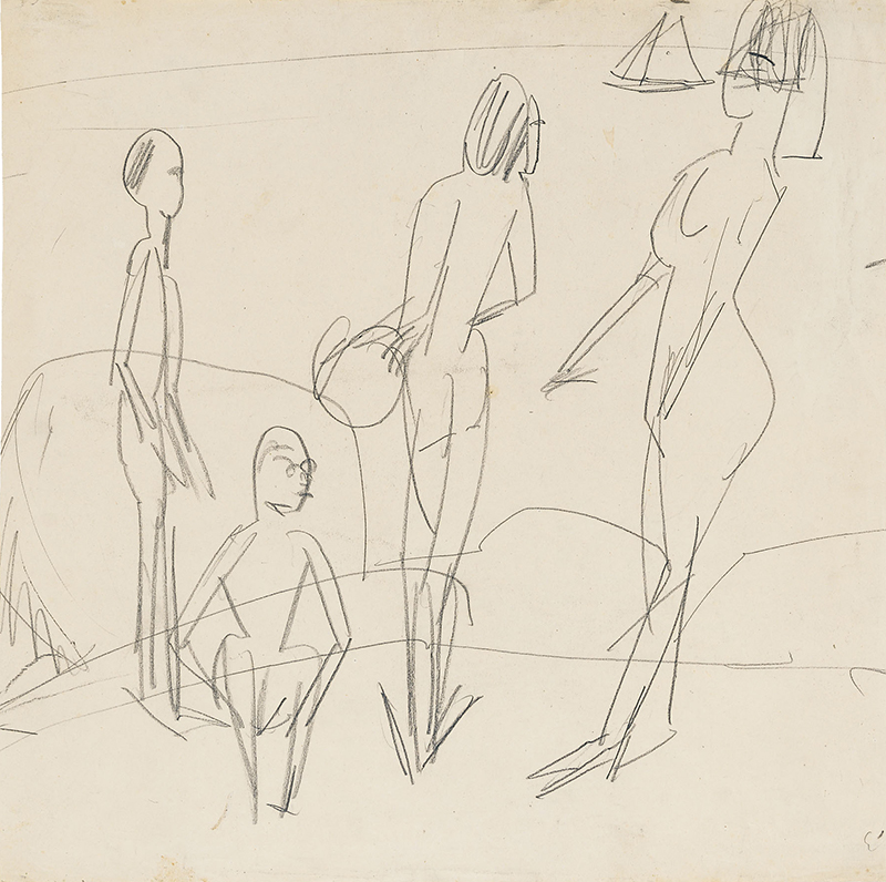 In unserer Galerie zum Verkauf stehendes Bild von Ernst-Ludwig Kirchner (Maler, Expressionismus): Vier spielende Badende