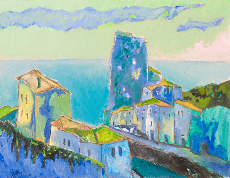 In unserer Galerie zum Verkauf stehendes Bild von Heinrich Steiner (Maler, Expressionismus): Häuser in der Bucht von Lerici