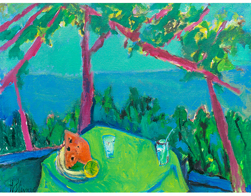 In unserer Galerie zum Verkauf angebotenes Bild von Heinrich Steiner (Maler, Expressionismus): Stillleben in der Pergola mit Blick zum Meer (groß)