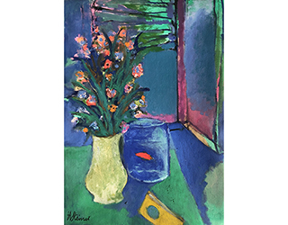 In unserer Galerie zum Verkauf angebotenes Bild von Heinrich Steiner (Maler, Expressionismus): Stillleben mit Blumenstrau&szlig; und Goldfisch (klein)
