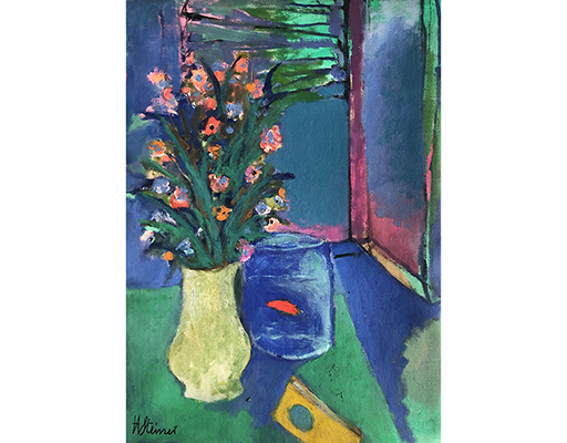 In unserer Galerie zum Verkauf angebotenes Bild von Heinrich Steiner (Maler, Expressionismus): Stillleben mit Blumenstrau&szlig; und Goldfisch (gro&szlig;)