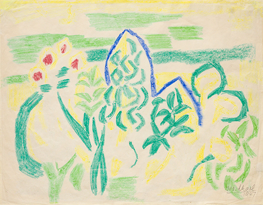 In unserer Galerie zum Verkauf angebotenes Bild von Josef Scharl (Maler, Expressionismus): Pflanzen im Park (klein)
