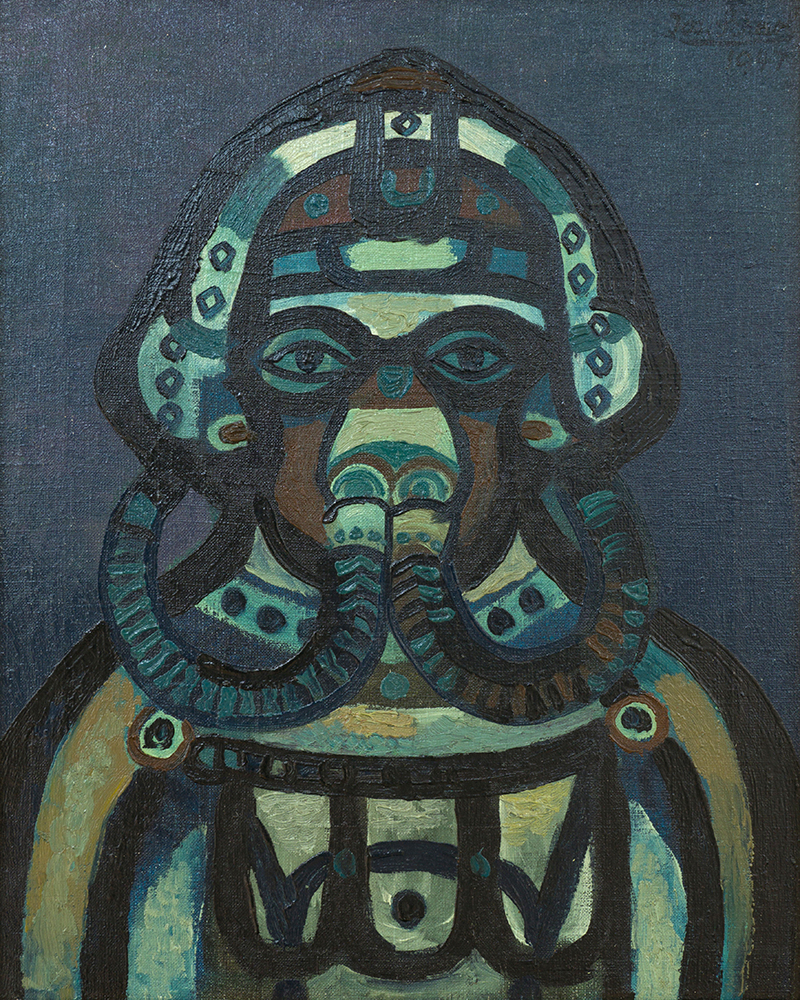 In unserer Galerie zum Verkauf stehendes Bild von Josef Scharl (Maler, Expressionismus): Pilot mit Maske