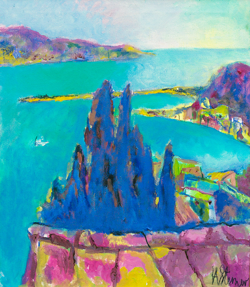 In unserer Galerie zum Verkauf stehendes Bild von Heinrich Steiner (Maler, Expressionismus): Kleiner Hafen in der Bucht