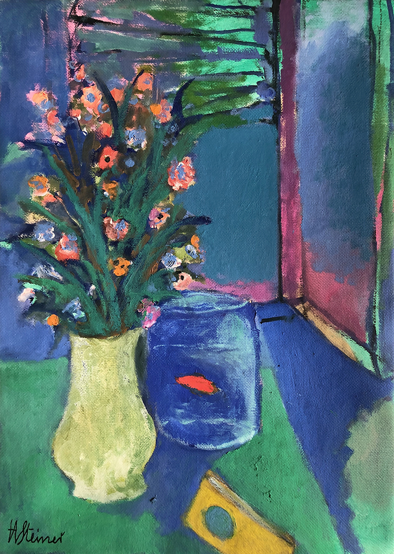 In unserer Galerie zum Verkauf stehendes Bild von Heinrich Steiner (Maler, Expressionismus): Stillleben mit Blumenstrau&szlig; und Goldfisch