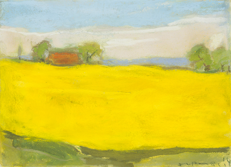 Buy the original pastel "Canola field with red house" by Klaus Fußmann at our gallery.