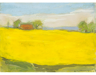 Buy the original pastel "Canola field with red house" (small) by Klaus Fußmann (Painter) at our gallery.
