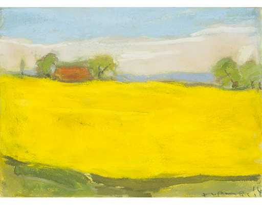Buy the original pastel "Canola field with red house" (large) by Klaus Fußmann at our gallery.