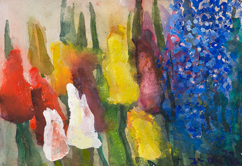 In unserer Galerie zum Verkauf stehendes Bild von Klaus Fußmann (Maler): Tulpen und Vergissmeinnicht